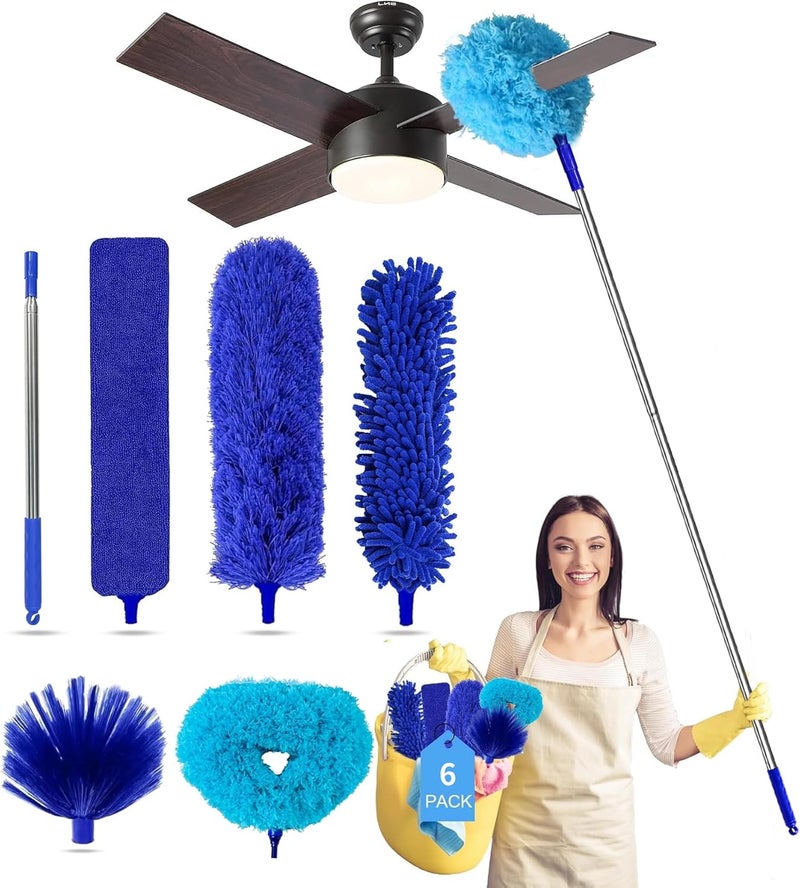 Tiumso Ceiling Fan Cleaner Dusters for Cleaning 6-in-1 Kit, Cobweb Duster with Extension Pole, 100 Inches High Ceiling Fan Blade Cleaners with 5 Reuseable Dusting Heads for Windows and Blinds- Blue - Image 1